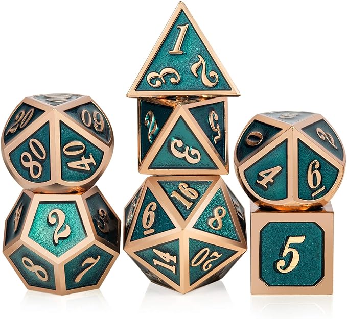 Teal D&D Metal Dice Set,DNDND 7 PCS Metallic Dungeons and Dragons Dice with Free Metal Case for D&D Game Role Playing (Teal and Copper)
