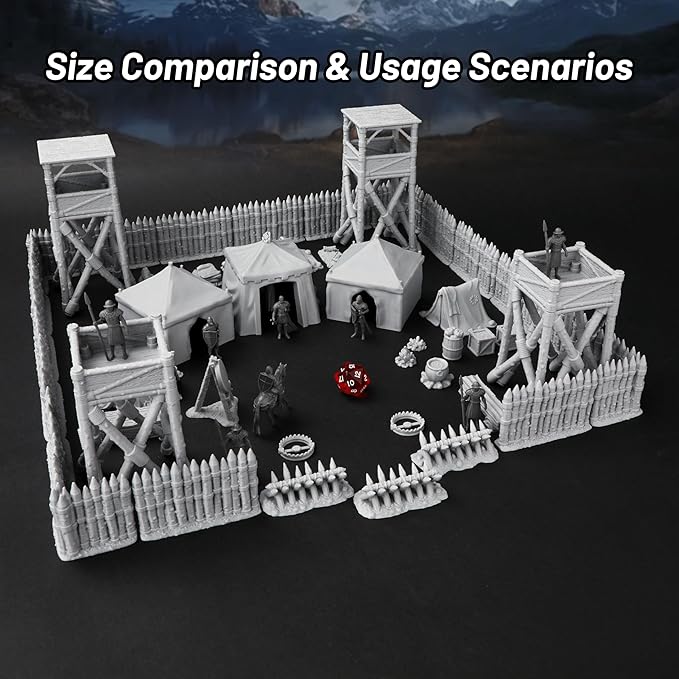 AUSPDICE AF676 Medieval Military Camp RPG Terrain Set for DND Map Building, Compatible with TTRPG Games, Modular Game Pieces with Barricades, Tents, Watchtowers, and Props