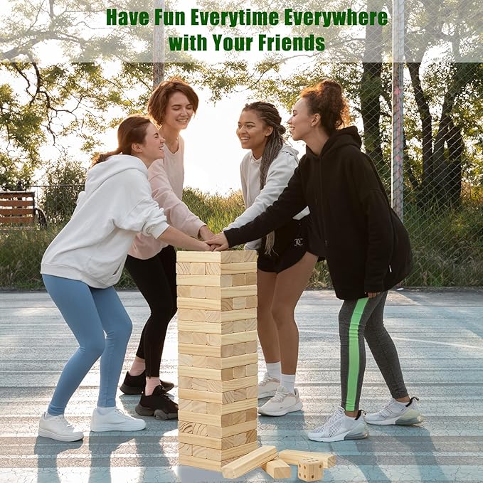 Olsa Giant Tumble Tower 57PCS Wooden Block Stacking Yard Games with Carrying Bag Classic Indoor & Outdoor Game for Adults and Family Party Games for Backyard Lawn Beach Camping (Over 4.2 Ft)