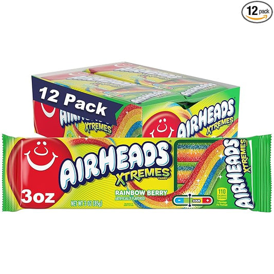 Airheads Xtremes Belts, Rainbow Berry Flavor, Sweetly Sour Candy, Non-Melting, Bulk Movie Theater and Party Bag, 3 Ounce (Pack of 12)