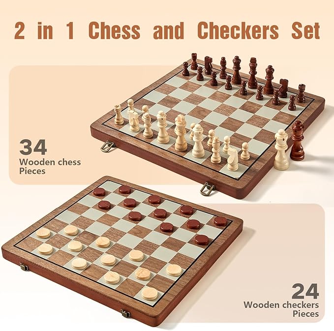 MerryPony Wooden Chess Set for Adults & Kids, 15" Foldable Wooden Chess Board with 2 Extra Queens, 2 in 1 Chess and Checkers Set, Travel Magnetic Chess Game Set, Beginner Chess Set for Kids