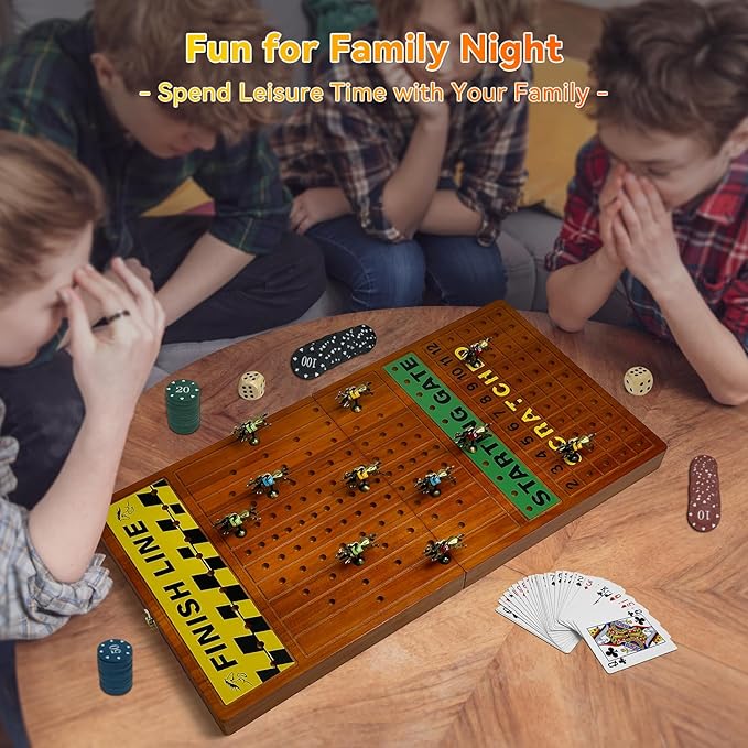 Large 23 inches Horse Race Board Game with Luxury Metal Numbered Horses, 4 in 1 Foldable Wood Horse Race Board Game with Dice Poker Chips/Chess & Checkers/Tic Tac Toe for for Adults Family Parties