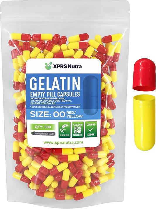 XPRS Nutra Size 00 Empty Capsules - 500 Count Empty Gelatin Capsules - Empty Pill Capsules - DIY Capsule Filling - Fillable Pill Capsules Empty Gel Caps (Red/Yellow)