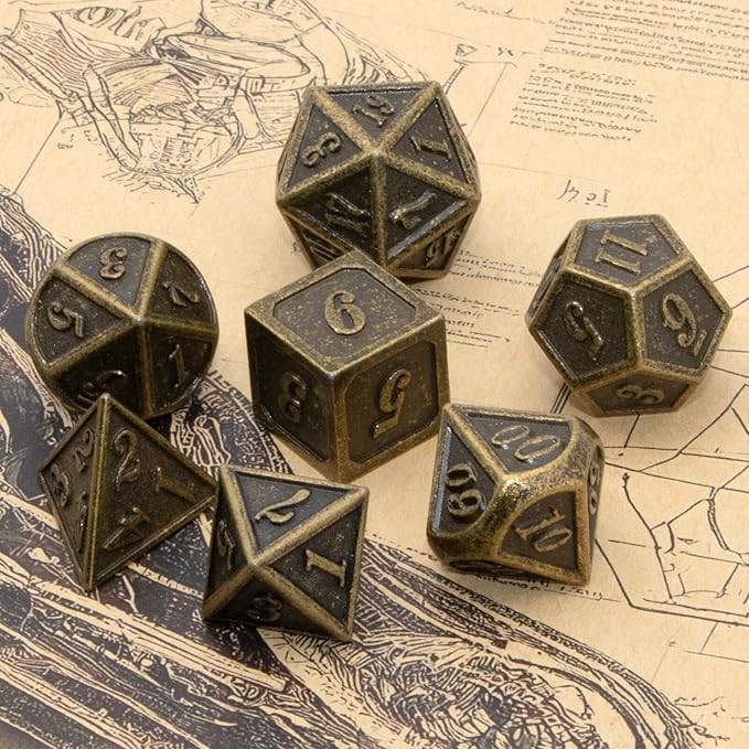 Metal Dice Set, HNCCESG Polyhedral D&D Dice for Dungeons and Dragons RPG DND Dice for Role Playing MTG Tabletop Gaming Shadowrun Pathfinder 7PCS D20 D12 D10 D8 D6 D4（Antique Bronze）