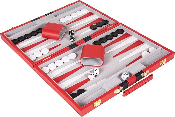 Backgammon Set 11 inch, Small - Classic Board Game for Adults and Kids with Premium Leather Case - Includes Strategy & Tip Guide (Red)