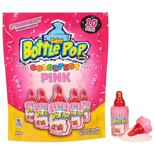 Baby Bottle Pop Candy Pink Lollipops, 10 Ct Bulk Lollipops with Dipping Powder in Pink Strawberry Flavor, Full Size, Individually Wrapped Hard Candy For Gender Reveal, Baby Showers & Goodie Bags