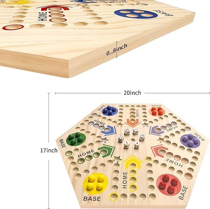 Wooden Board Game, Board Game Original Marble Game Double Sided Painted 2 to 6 Player Fast Track Board Game Wooden with 6 Colors 24 Marbles 6 Dice for Adults Kids Family(20 INCH)