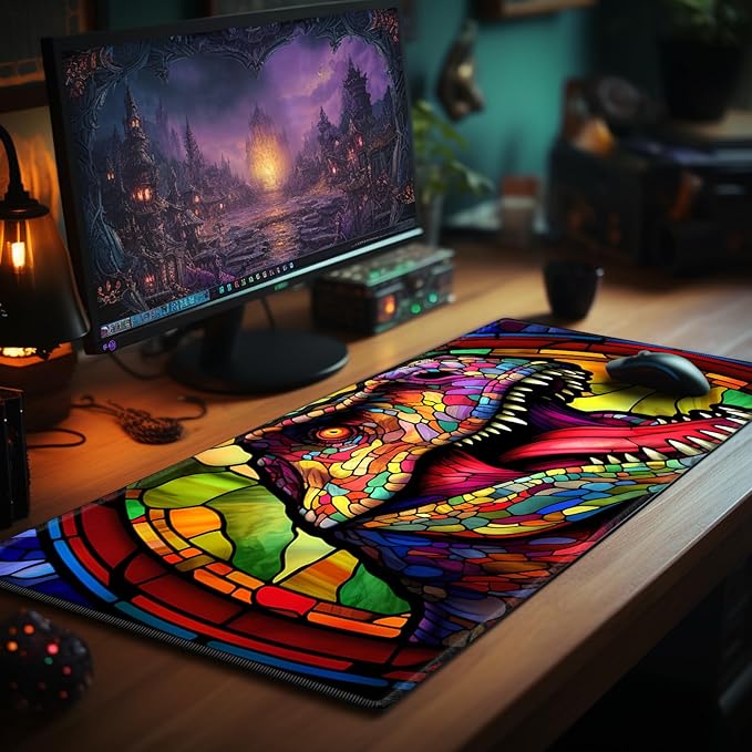 Playmat 24" x 14" Game Mats Tabletop Magic for MTG/TCG Cards, Trading Card Game Playing Stitched Play Mats Commander Deck Gaming Desk Mat Card Gameplay Mats, Stained Glass Retro T-Rex