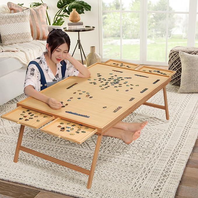 TEAKMAMA 2000 Piece Wooden Jigsaw Puzzle Board with 4 Drawers, Folding Puzzle Table with Protective Cover, Jigsaw Board with Legs, Multifunctional Game Table for Adults, 41.3W x 27.5D, Natural