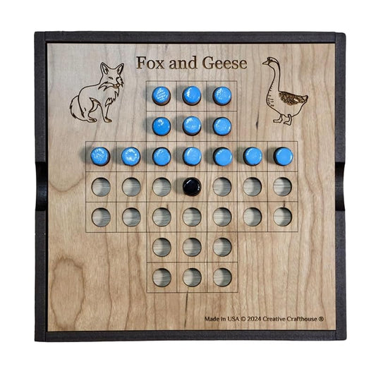 Handcrafted Fox and Geese Game Board Set - 6" x 6" with Wood Travel Cover - Classic Strategy Game for All Ages - Inspired by Centuries of Tradition