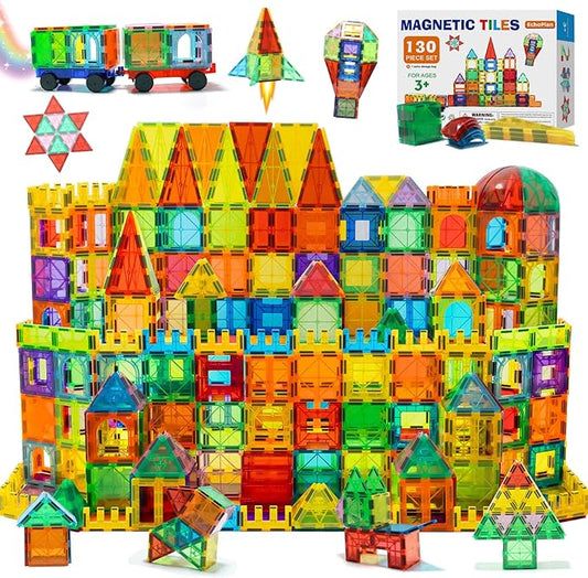 EchoPlan Magnetic Tiles, 130PCS Magnetic Blocks with 2 Cars, Magnet Tiles 3D Clear Building Blocks Set, STEM Sensory Educational Toys Gift for Toddlers Kids Boys 3 4 5 6 7 8 9+ Year Old