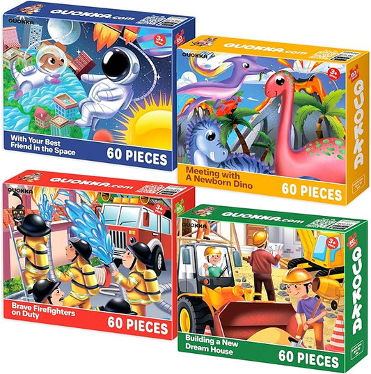 QUOKKA Puzzles for Kids Ages 4-6 - Set of 4x60 Jigsaw Puzzles for Toddlers 3-5 - Space, Dino, Firefighters Toys for Children 6-8 yo - Gift Educational Game for Boys & Girls