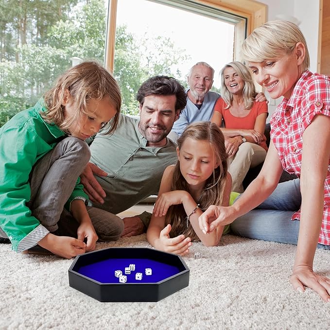 Dice Rolling Tray, Blue Felt Lined PU Leather Octagon Dice Tray for Dungeon Crawler Games