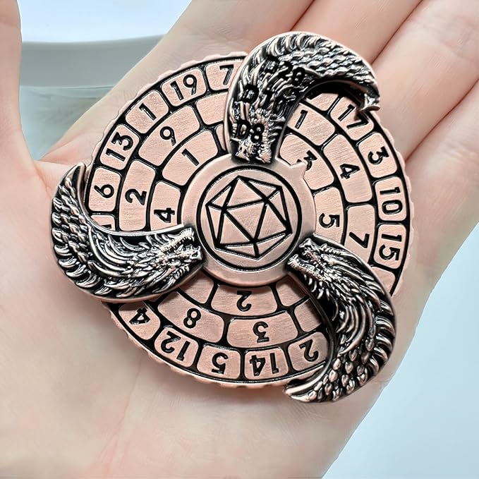 D&D Themed Fidget Spinner, dice Spinner, D4,D6, D8, D10, D12,D20,D% 7-in-1 Metal dice, Perfect for D&D Dungeons and Dragons, RPG and Pathfinder Role Playing Games （Ancient Red Copper ）