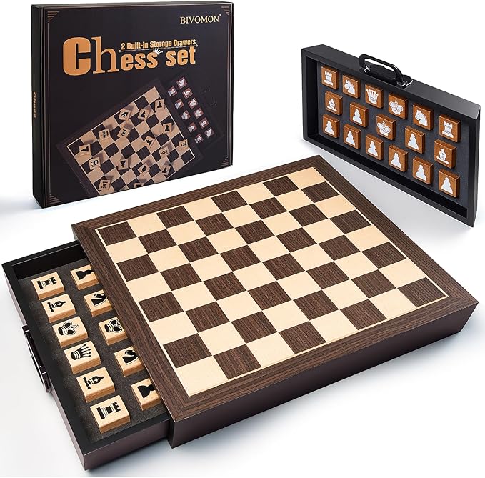 Unique Wooden Chess Set for Kids Adults, 12.5 Inch Chess Board Game with 2 Built-in Storage Drawers, Handmade Chess Pieces, 2 Extra Queens-Chess Table for Beginner/Home Decor