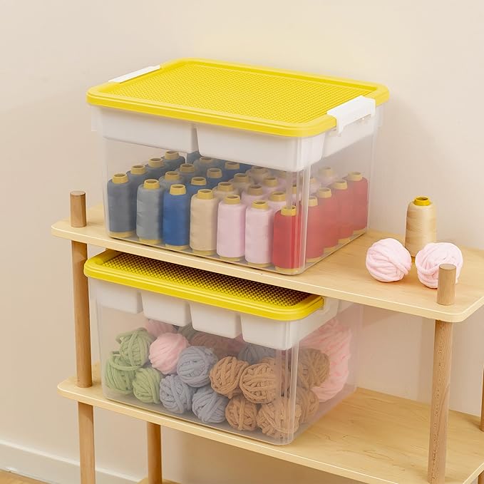 Citylife 32 QT Plastic Storage Box with Removable Tray Craft Organizers and Storage Clear Storage Container for Organizing Bead, Tool, Sewing, Playdoh, 4 Packs-Yellow