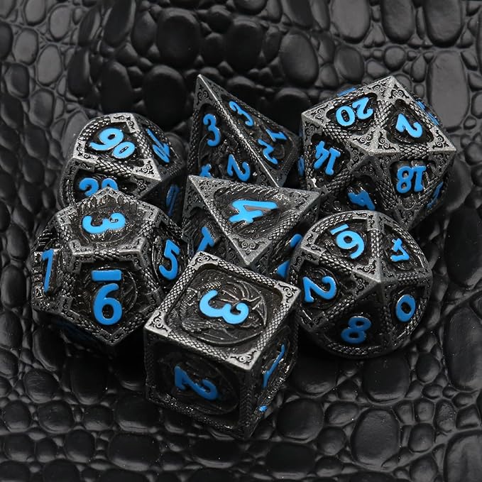 Haxtec Metal DND Dice Set Black Blue Dragon D&D Dice Set with Leather Dice Bag Metal Polyhedral Dice for Dungeons and Dragons Gifts TTRPG Dice