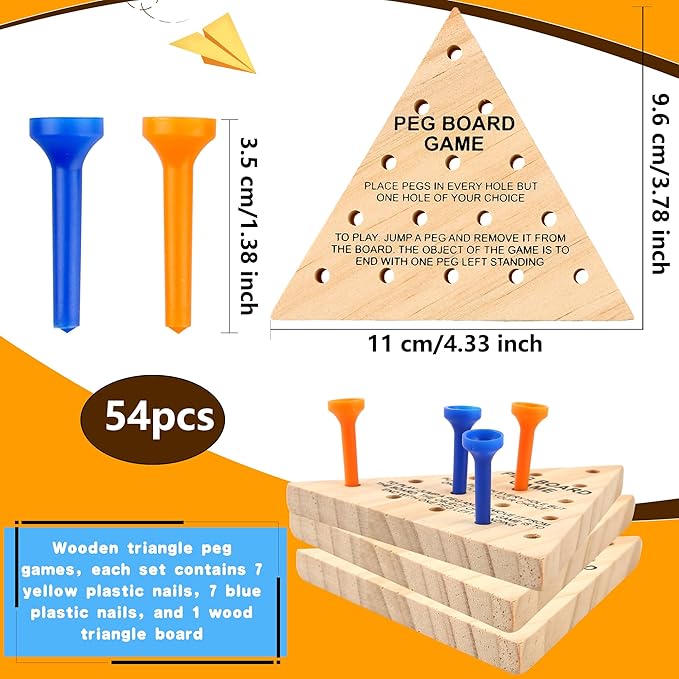 54 Pack Wooden Triangle Peg Game Fun Peg Board Games Learning Puzzles Strategy Toy Family Wooden Educational Board Game for Teens Adults Travel Gathering