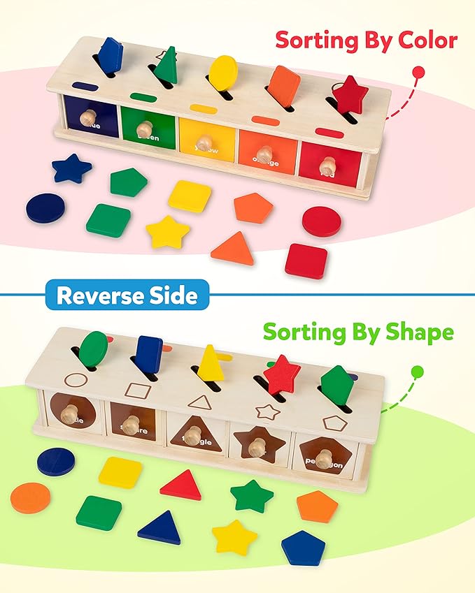 Coogam Montessori Toys Wooden Color Shape Sorting Box Game Geometric Matching Blocks Early Learning Educational Toy Gift for 3 4 5 Year-Old Baby Toddlers