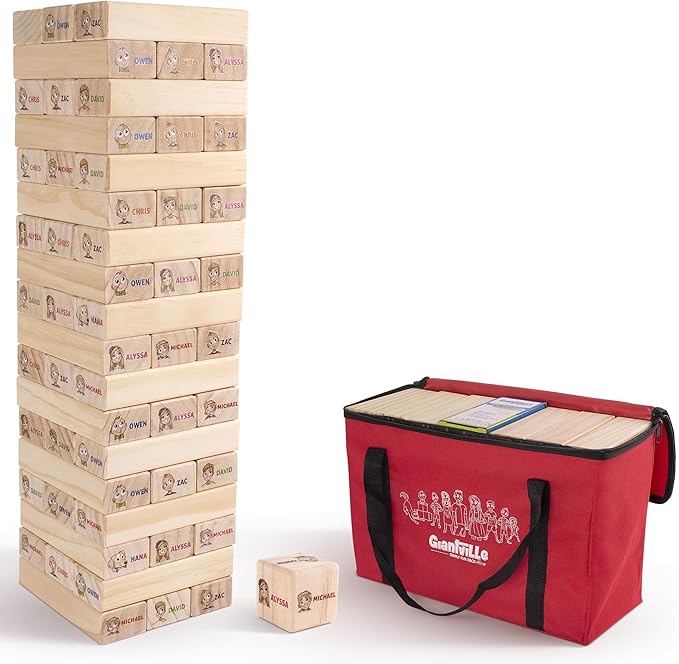 Giantville Giant Tumbling Timber Toy - Premium Pine Wood Life-Size Blocks Tower - Big Floor/Board Indoor/Outdoor Yard Game for Kids & Adults - 54-Blocks + Red Storage/Carry Bag - Grows Almost 4-Feet