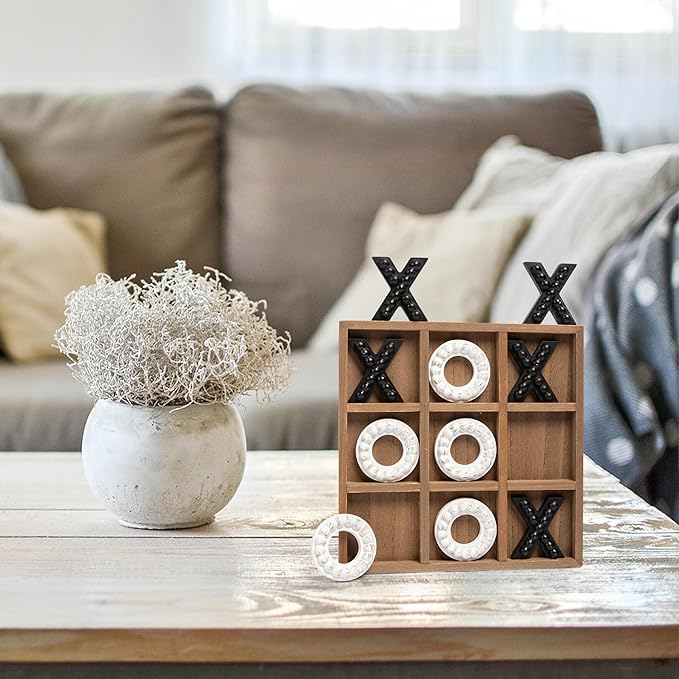 GENMOUS Wooden Tic Tac Toe Game Board for Kids Seniors Family Indoor Game, 10.6 Inch Rustic Giant Tic Tac Toe Coffee Table Decor, Fun for Family Travel Outdoor Game Room Decor