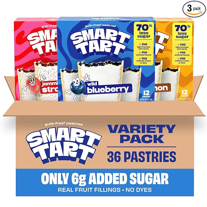 Smart Tart Toaster Pastries Variety Pack - Healthy, Low Sugar Snacks, Breakfast Pastry - Frosted Strawberry, Blueberry, Maple Cinnamon - 36 Count