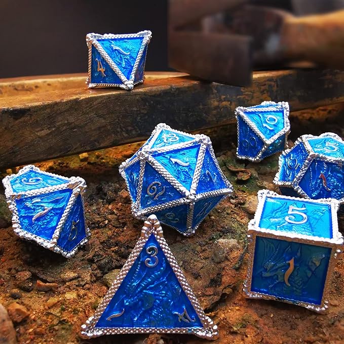 HAOMEJA Metal Dragon Dice Set DND 7 Set Dice Role Playing Dice D&D Dungeons and Dragons (Silver Blue)