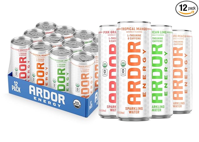 ARDOR ENERGY Sparkling Water with 100mg Natural Caffeine & 200mg L-Theanine from Organic Green Tea for Smooth Energy & Focus | Healthy Energy Drink | No Sugar, Zero Calories, Vegan, Gluten-Free | Tropical Variety (Pack of 12, 12oz cans)