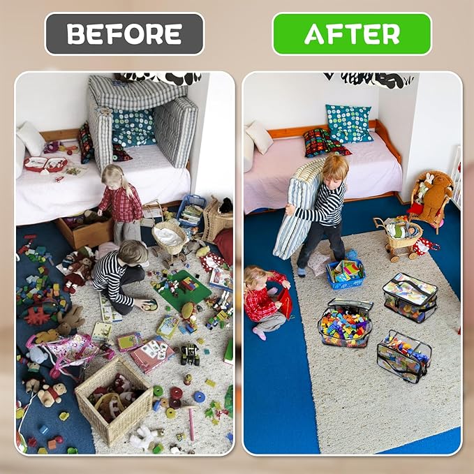 8 Pack Extra Large Clear Toy Storage Bags, Large Capacity Transparent Waterproof PVC Toy Organizing Bags with Name Tag and Manual Pocket for Building Blocks Board Games, Puzzle, Kids Books (Black)