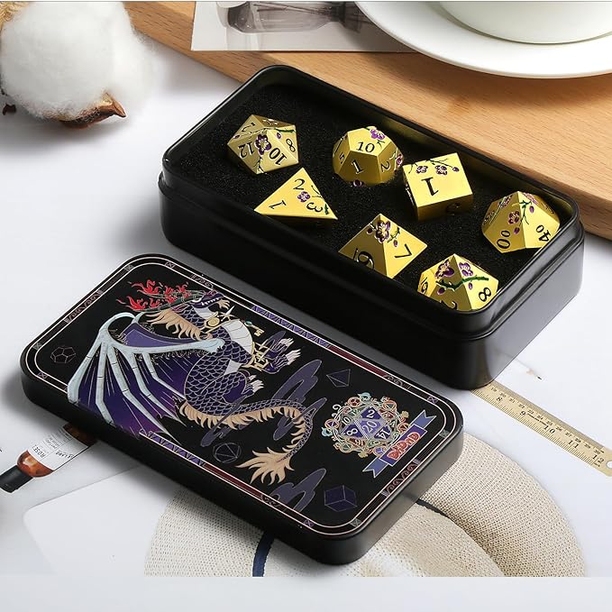 DNDND Metal Dice Set, 7 PCS Metallic Flowers DND Dice with Gorgeous Gift Case for D&D Dungeons and Dragon Tabletop Game (Purple Flowers with Gold)