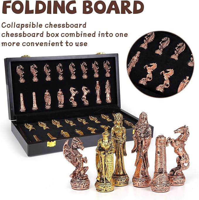 Large Vintage Metal Chess Set for Adults and Kids – Marbling Chess Board with Metal Chess Pieces 15" Travel Chess Set with Metal Chessmen – Collectible Elegant Chess Game – Family Vintage Board Game