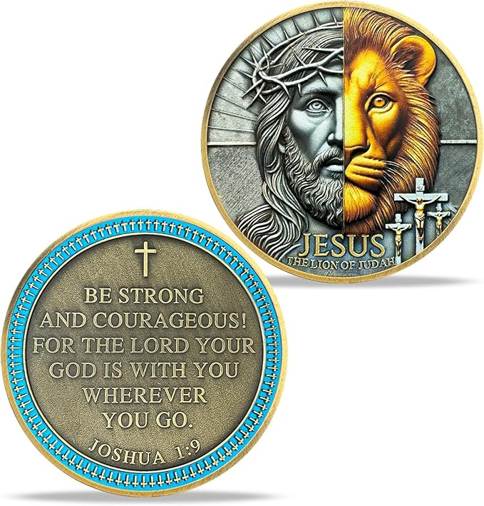 Half-Face Jesus Lion Religious Coin Inspirational Bible Verse Medallion Faith-Based Gifts for Spiritual Encouragement for Men & Women