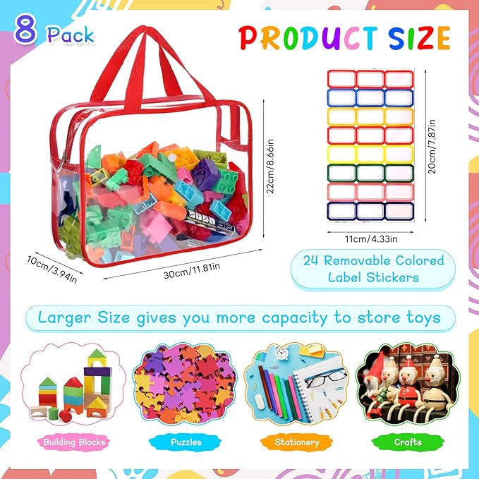 8 Packs Large Toy Storage Bags with Labels&Manual Pocket, Reusable Clear PVC Board Game Storage Bags, Travel Waterproof Organizer Bags with Zipper for Building Blocks, Puzzle, Toys