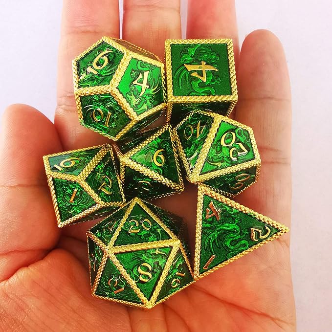 HAOMEJA Dungeons and Dragons Dice Set - D&D Metal 6 Sided Polyhedral Dice for Pathfinder MTG Board Games - D20, D12, D10, D8, D6, D4 Golden Green