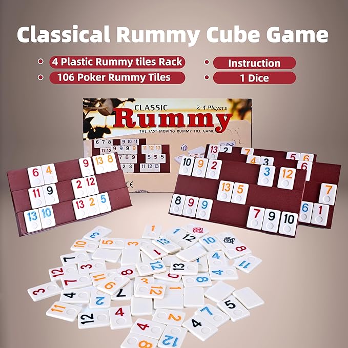 Classic Rummy Cube,106 Rummy Game with Portable Carton, Tradditonal Board Game for Family, 106 Tiles, 4 Plastic Holders（2-4 Players）