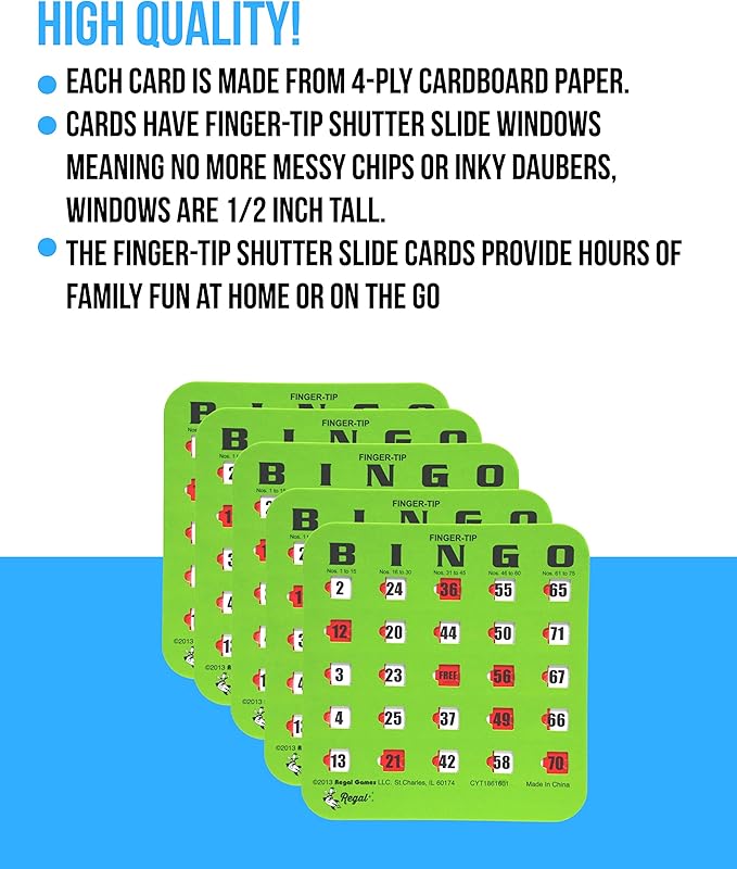 Regal Bingo Bulk Bingo Cards with Sliding Windows - Reusable Large Print Bingo Game Cards for Adults Large Group - 50 Pack, Green