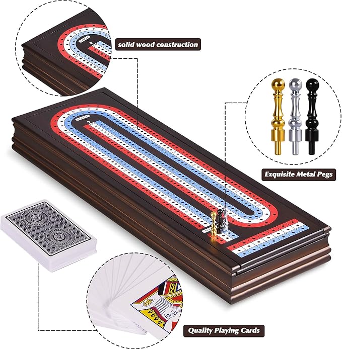 VAMSLOVE 16'' Cribbage Board Game Set Wooden 3-Track Scoreboard with Large Slots for Storing 2 Playing Cards and 9 Metal Pegs, Travel Family Game Night (Instruction Included)