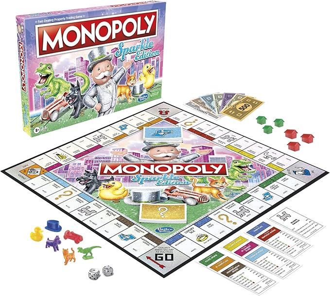 Hasbro Gaming Monopoly Sparkle Edition Board Game, Family Games, with Glittery Tokens, Pearlescent Dice, Sparkly Look, (Amazon Exclusive)