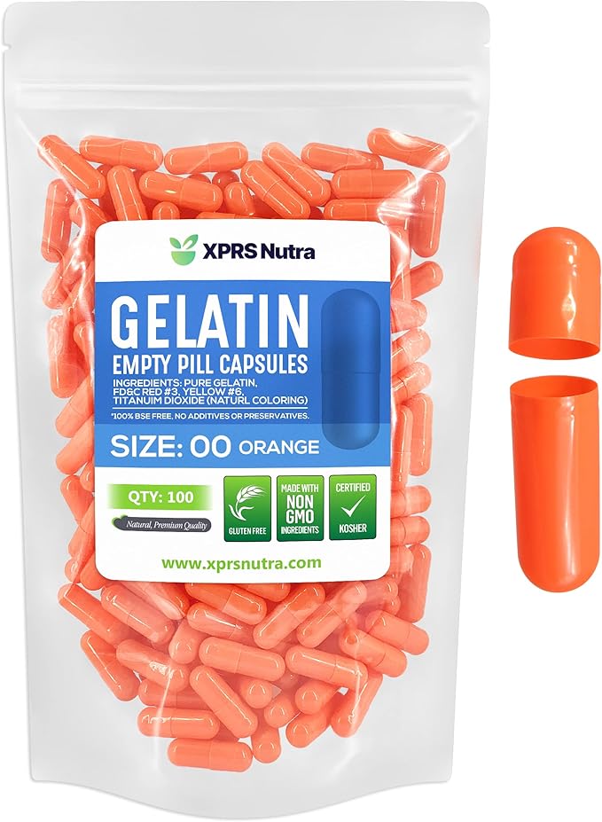 XPRS Nutra Size 00 Empty Capsules - 100 Count Empty Gelatin Capsules - Pills DIY Capsule Filling - Fillable Pill Gel Caps for Do-It-Yourself Supplements (Orange)