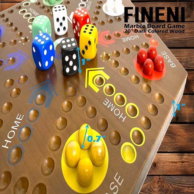 Wooden Board Games, Marble Board Game Original with Dual Sides Fast Track Board Game for 2 to 6 Players, Double Side Marble Game, 6 Colors 30 Marbles Set and 6 Color 6 Dice,Pouch (20" Dark)