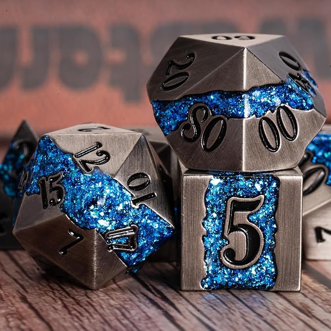 Metal DND Polyhedral Dice,Large Stripe Glitter Metallic Dice Set,Antique Silver Dice 7pcs Set for Role Playing Games