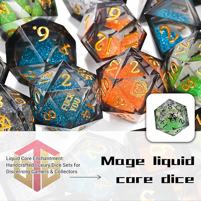 DND Dice Set - Handcrafted Liquid Core Sharp Edge 7-Die Resin Dice with Colorful Quicksand Effect，for DND, RPG, MTG, Tabletop Games（PLRGUE EUXRR）