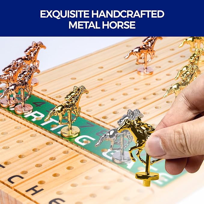 15.6 inches Horse Race Board Game, 13 Metal Horses, 4 Dice, 2 Boxes of Cards, Exciting Horse Racing Game for 11 Players with Solid Wood, Easy-to-Play, For Ages 8+ Ideal for Family and Freinds