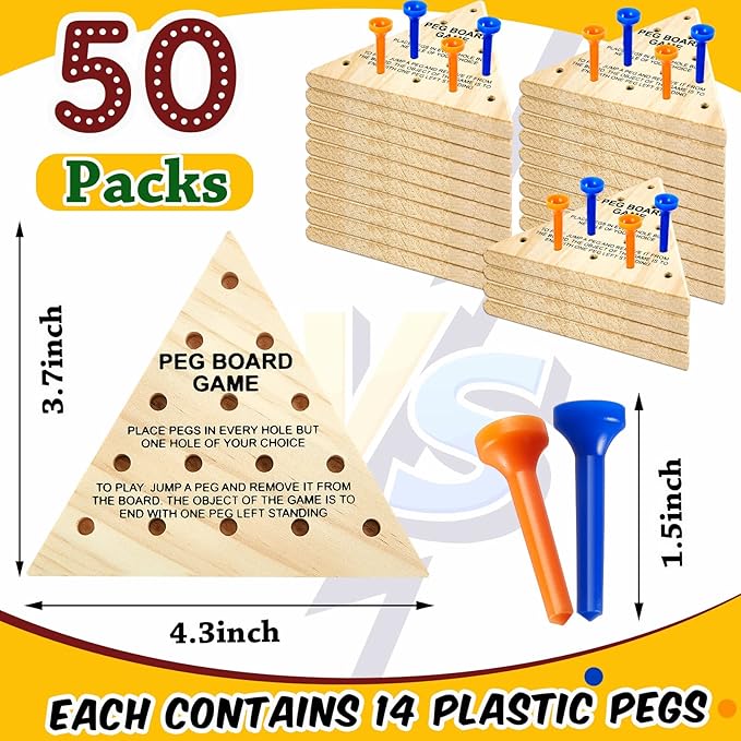 50 Pack Wooden Peg Games Bulk Triangle Wooden Board Games Triangle Game Wooden Triangle Board Games Family Travel Games Fun Triangle Puzzle Wooden Strategy Toy for Adults Teens