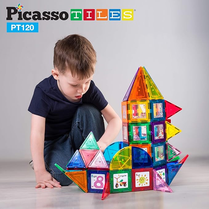 PicassoTiles 120pc Master Builder Magnetic Building Block Construction Set Toy Blocks with Ferris Wheel, Castle Click-in, 28 Educational Alphabet Animal and Number Graphic Card, Car Truck Windmill