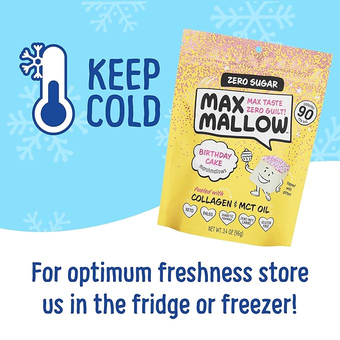 Max Mallow Sugar Free Marshmallows - Keto Friendly, Perfect for S'mores, Hot Chocolate, and Baking with Zero Sugar Snacks, Smores Mct Oil Zero Sugar Marshmellow Marshmallow Birthday Cake, 6 Pack