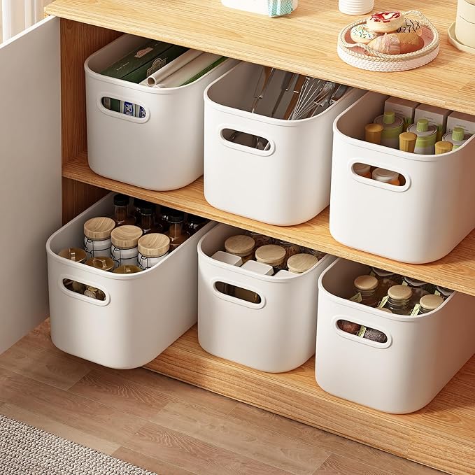 8 Pack White Storage Bins with Lids Stackable Storage Container for Organizing, Storage Boxes with Handle for Shelves, Cute Storage Bin for Craft, Snacks, 9.85x6.9x5.7 inch
