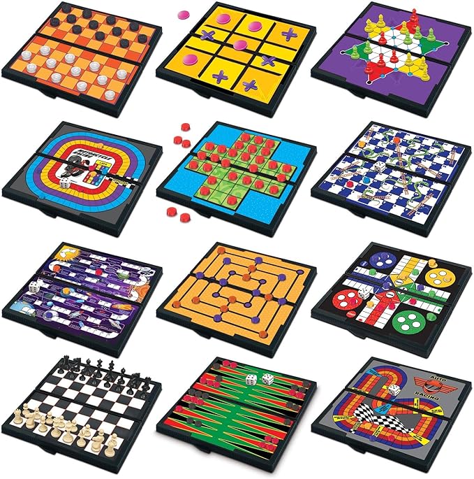 Gamie Magnetic Board Travel Games Set - Includes 12 Retro Fun Games - 5" Compact Design - Individually Boxed - Teaches Strategy & Focus, Great for Road Trip/Travel/Camping - Best Gift for Kids Ages 6+