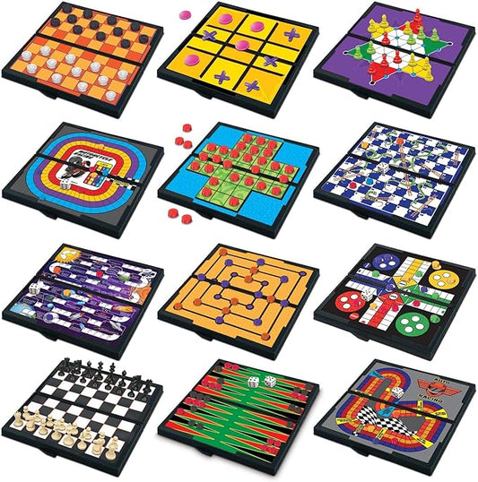 Gamie Magnetic Board Travel Games Set - Includes 12 Retro Fun Games - 5" Compact Design - Individually Boxed - Teaches Strategy & Focus, Great for Road Trip/Travel/Camping - Best Gift for Kids Ages 6+