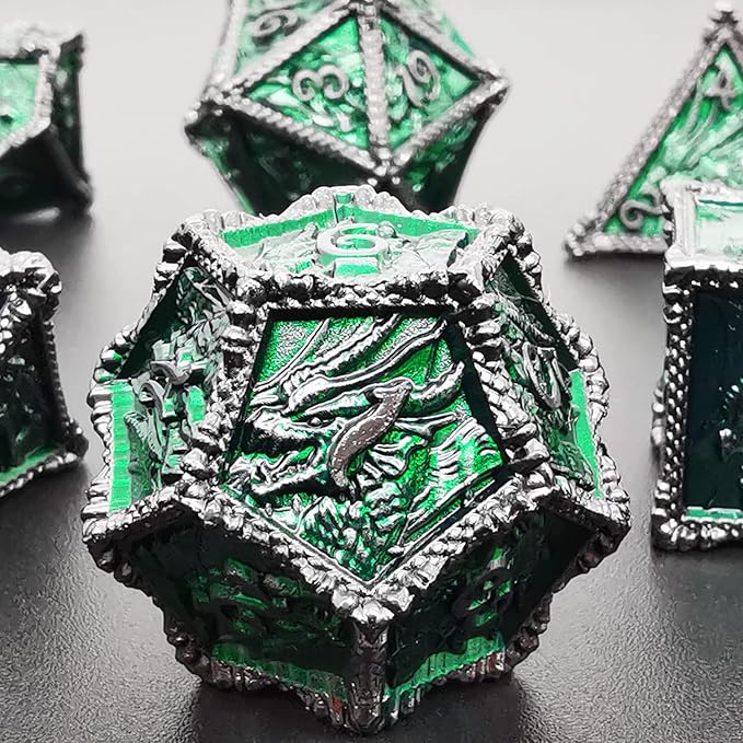 HAOMEJA Metal Dice DND Dragon Dice Set 7 Role Playing Dice D&D Solid Dice Dungeons and Dragons (Black Nickel Green)